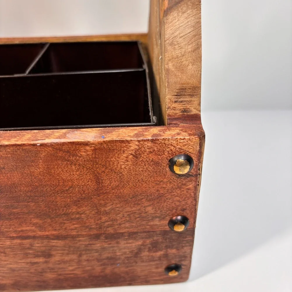 Rustic Pine Wooden Tote Box Antler Handle Primitive Farmhouse Tool Utensil Caddy